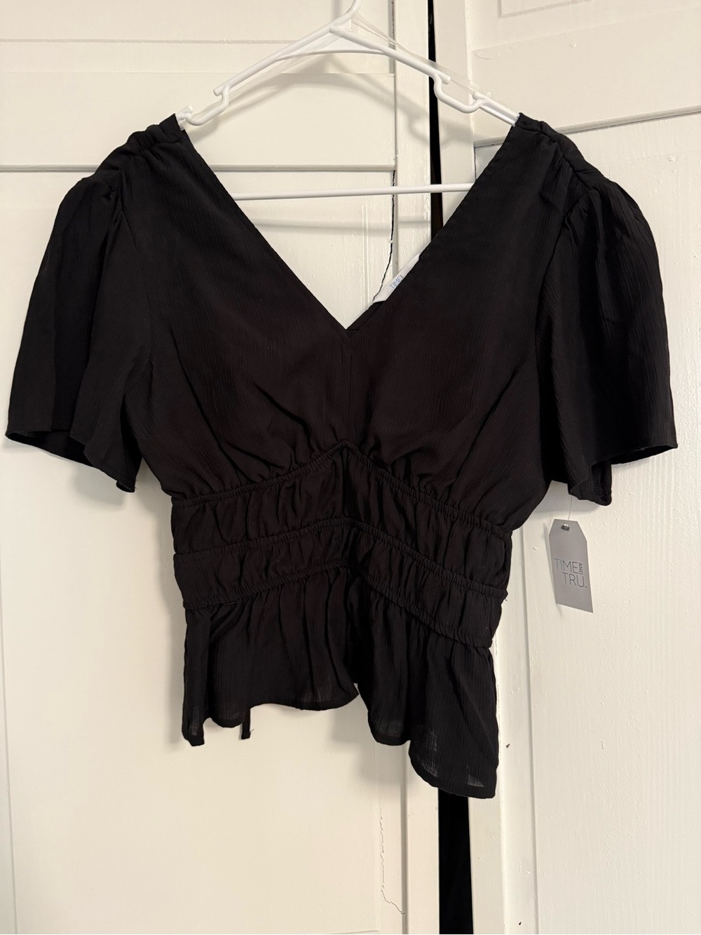 Time and Tru Black V-Neck Smocked Peplum Blouse